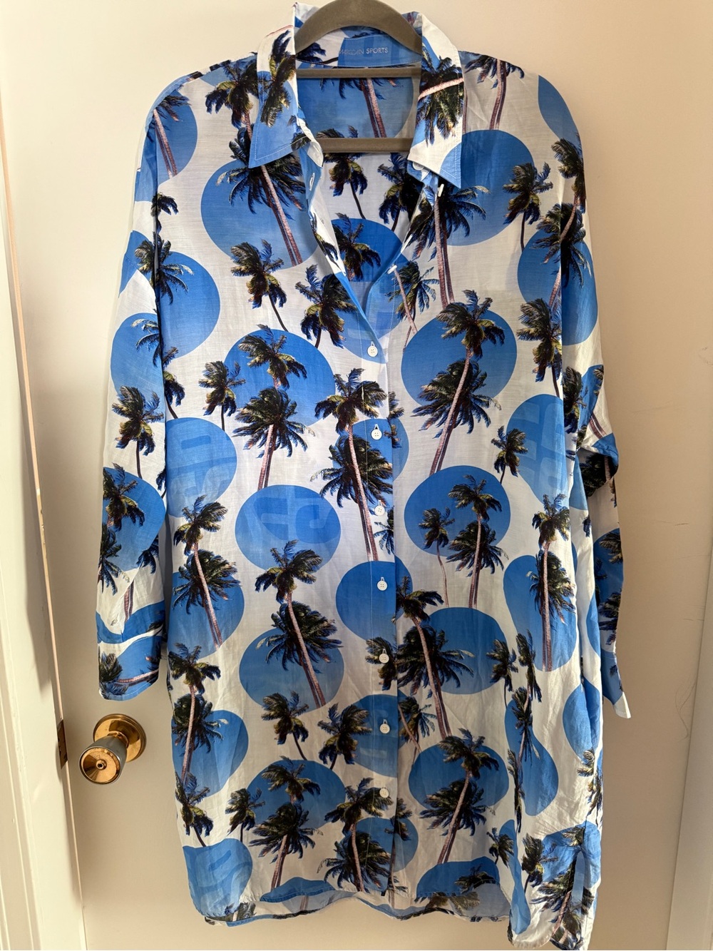 Marc Cain Sports Palm Tree Shirt Dress N4 Blue Oversized Resort Coastal L/XL